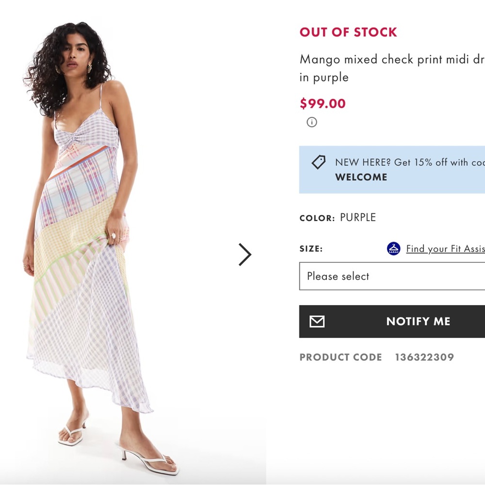 Mango Mixed Check Print Midi Dress in Purple